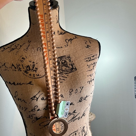 Long Wooden Bead Necklace With Gold Ring - Picture 6 of 7